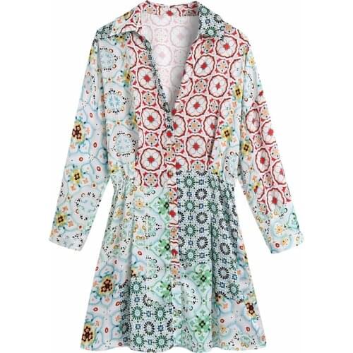 Women Fashion floral printed shirt dress Vintage long sleeves v-neck collared dress Female back elastic waist button-up dresses