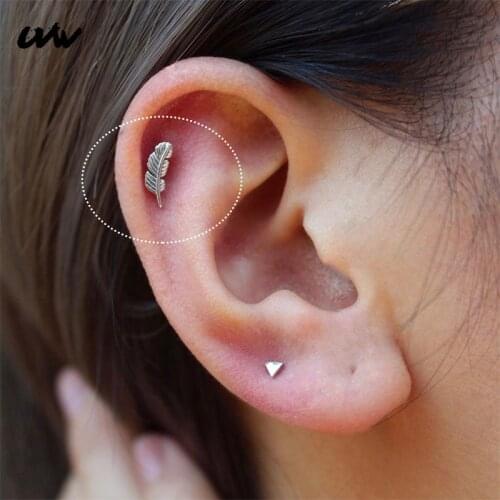 2pc Tiny Surgical Steel Feather Cartilage Earrings Studs Lobe Tragus Helix Piercing Jewelrys for Women Silver Color Cool UVW263