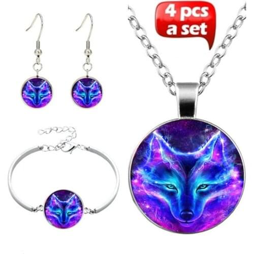 4Pcs/Set New Fashion Handmade Glass Witchcraft Nordic Wiccan Wolf Pendant Choker Necklace Bracelet Earrings For Women Jewelry
