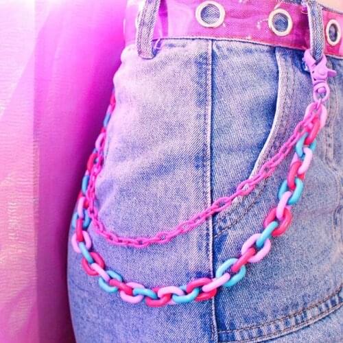 90s Aesthetic Pink Resin Waist Chain Trouser Chain for Women Acrylic Rainbow Vintage Harajuku Keychain Charms Body Accessories