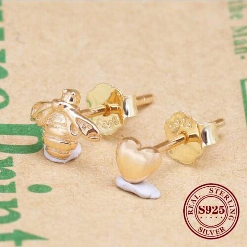 Bewill Valentines Day Original 925 Sterling Silver Gold Plated Love And Bee Shine Stud Earrings Gold Bee Stud Earrings