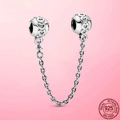 Safety Chain 925 Sterling Silver Band of Hearts Safety Chain Charm Beads fit Original Pandora Charms Bracelet DIY S925 Jewelry