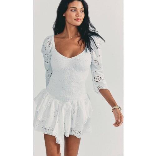 Jastie New Floral Embroidery Womens Dress Pure Color V-Neck Long Sleeve Hollow Ruffle Hem Elegant Slim Dresses 2021