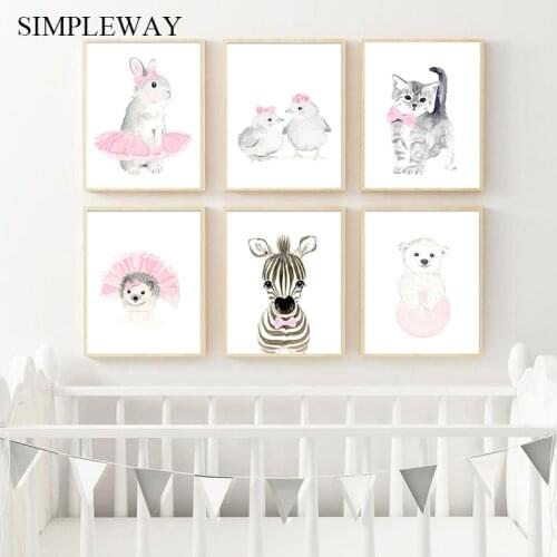 Kawaii Baby Cat Zebra Bunny Animal Poster and Print Nursery Wall Art Canvas Painting Picture Nordic Kids Girl Bedroom Decoration