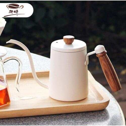 Slender Mouth Coffee Pot With Wooden Handle 304 Stainless Steel Brewing Teapot Kettle Vertical Water Spout 600ml