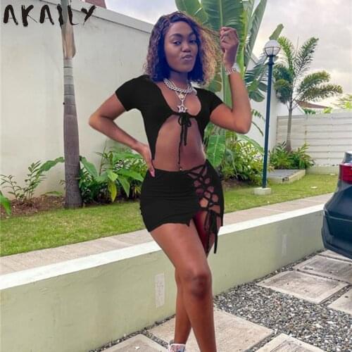 Akaily Streetwear Solid Hollow Out 2 Two Piece Sets Women Outfits Mini Skirts Sets Female White Bandage Crop Top Dress Sets 2021