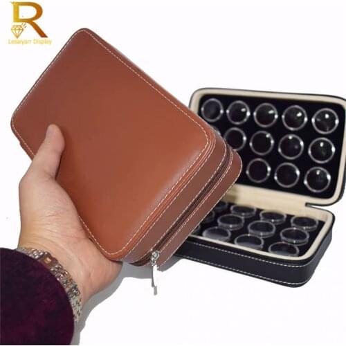 PU Zipper Diamond Jewelry Storage Box Brown Black Leatherette Case With 30 Pcs Round Stone Gem Box Gemstone Display Box
