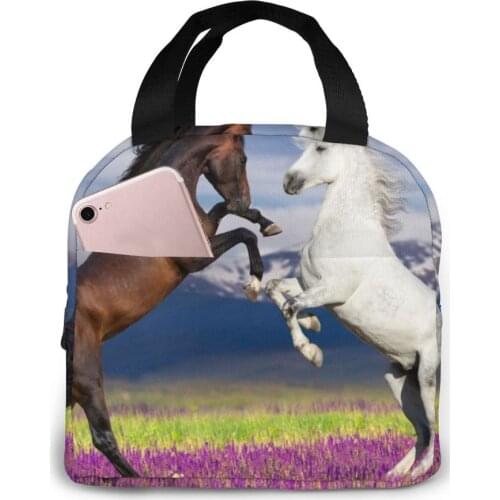 Two Horse In Flowers Field Cooler Lunch Box Portable Insulated Lunch Bag Thermal Food Picnic Lunch Bags