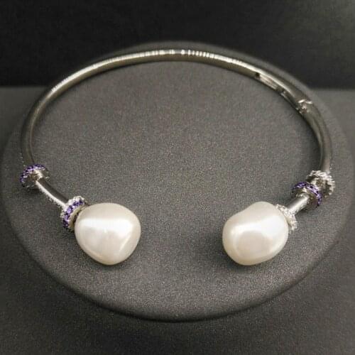 Top Brand Pure 925 Sterling Silver Jewelry Baroque Pearl Open Bracelet Silver Color Cuff Bangle