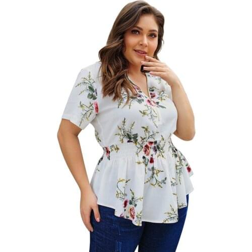 Fashion Summer Chiffon Blouse Short sleeve Print Shirt Tops Female Plus size 4XL Slim Zipper Casual Womens Tops and Blouses G87