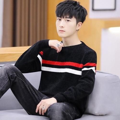 Fashion Fall Full O-neck Warm Men Sweater Casual Black Red Striped Mens Pullover Sweaters Standard Wool Black Grey Pullovers M