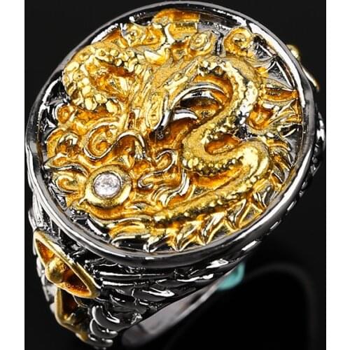 Classic Gold Black Dragon Filled CZ Stone Ring Vintage Punk Cool Street Finger Rings for Men Gift Hip Hop Jewelry for Male Gift