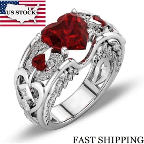US STOCK Uloveido Hollow Wedding Rings for Women Accessories Heart Ring Red Stone Crystal Engagement Jewelry Gift for Women Y378