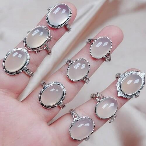 Opal Rings Silver Color Pink Beige Crystal Oval Chalcedony for Women Girls Party Mothers' Gift Jewelry Wholesale Dropshipping