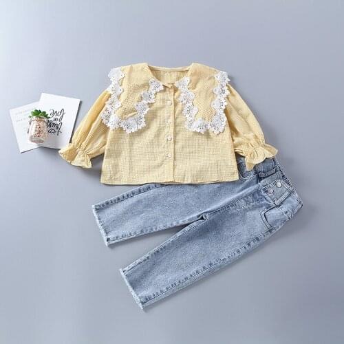 2-7 years high quality girl clothing set 2020 new autumn fashion plaid pink yellow shirt + pant kid children clothes