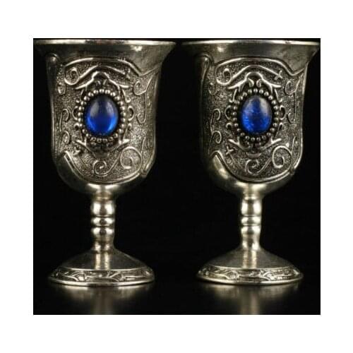 A Pair of Collection Old Handmade Miao silver inlaid with blue bead Goblet cup