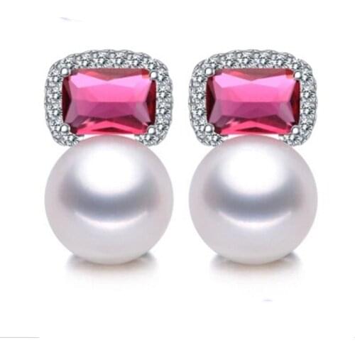 Genuin Fashion Natural Pearl Earrings For Women 925 Sterling Silver Jewelry 9-10mm Zircon Freshwater Pearl Earrings Wedding Gift
