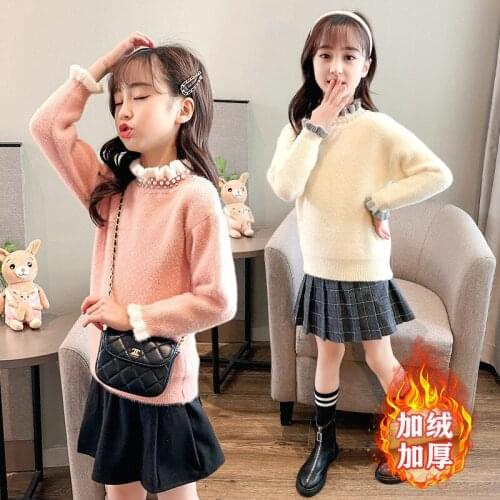 Girls Sweater Kids Coat Outwear 2021 Pearl Plus Velvet Thicken Warm Winter Autumn Tops Fleece Christmas Childrens Clothing