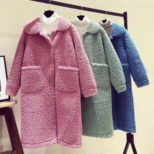 Faux Lamb Wool Warm Winter Coat Women Long Jackets Solid Turn-down Collar Single Breasted Pockets 2021 New Korean Loose Elegant