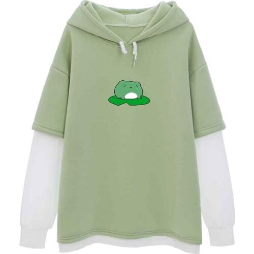 Fake Two Piece Hoodie Cute Frog Long Sleeve Pullover Harajuku Jacket Women Korean Style Color Block Kawaii Clothes Graphic Top