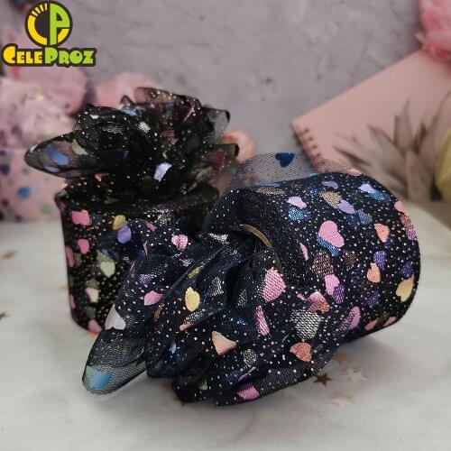 6cm 25yards Iridescent Heart Tulle Fabric Roll Valentine Love Mesh Ribbon DIY Tutu Headbands Organza Wedding Birthday Decoration
