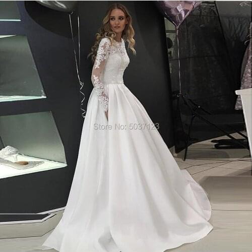 Vestido De Noiva Satin Long Sleeves A Line Wedding Dresses Lace Appliques O Neckline Court Train Buttons Wedding Bridal Gowns