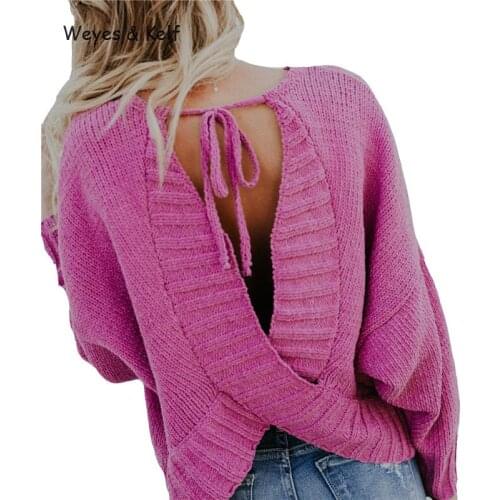 Weyes & Kelf Casual Lace Up Solid Women Sweaters And Pullovers 2020 Winter Knitted Loose Bat Sleeve Backless Sweater Female