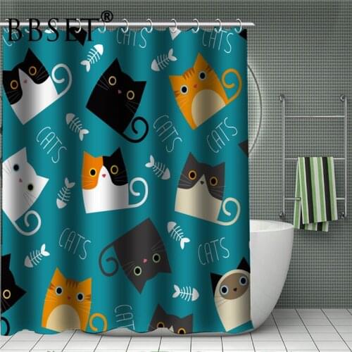 Childrens Shower Curtain Cute Cartoon Cat Pattern Waterproof Multi-size Cortina De Bano Children Bathroom Decor with 12 Hooks