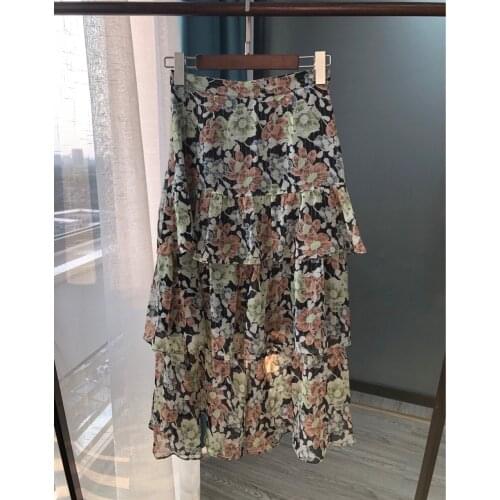 Women Skirt Gold Thread Silk Flower Print Midi Skirt