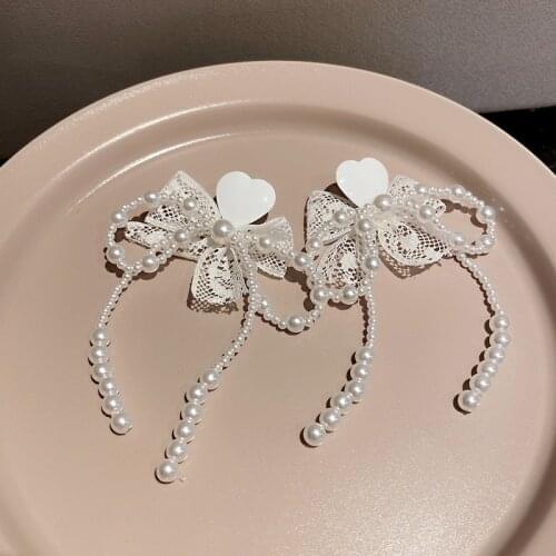 Origin Summer Elegant Double-layer Real Pearl Beaded Lace Bowknot Dangle Earring White Love Heart Drop Earring for Women Jewelry