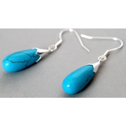 Fashion ladys New Pair Blue Turquoise&925 Sterling Silver Earrings