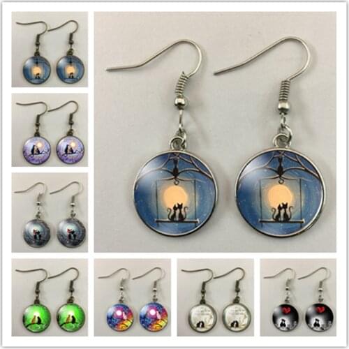 Cat Family Female Earrings Cats Watching The Moon Glass Cabochon Art Picture Teardrop Earrings Cartoon Minimalist Jewelry