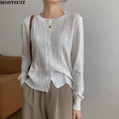 Hollow Out Knitted Cardigan Sweater Women Full Sleeve O-neck Single Breasted Tops Jumpers Solid Loose Ladies Knitwear 2021