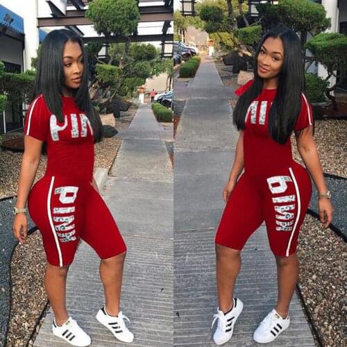 Casual Pink Letter Print Women Two Piece Set New Summer Rompers Sexy Striped T-Shirts And Skinny Pants 2pcs Outfits
