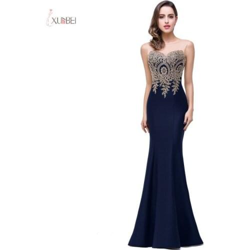 2019 Navy Long Evening Dress Elegant Scoop Neck Sleeveless Lace Applique Mermaid Party Gown robe de soiree