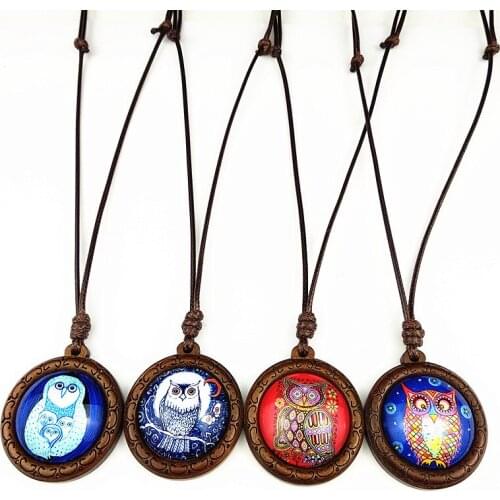 24pcs Cartoon owls, butterflies peacock feathers Dome Glass Wood Pendant for Girl Women Necklaces with Wax Rope Chain Jewelry