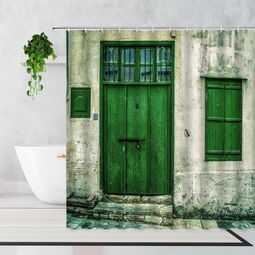 3D Green Retro Wooden Door Shower Curtains Nostalgia Western Countryside Scenery Home Decor Background Waterproof Bath Curtain