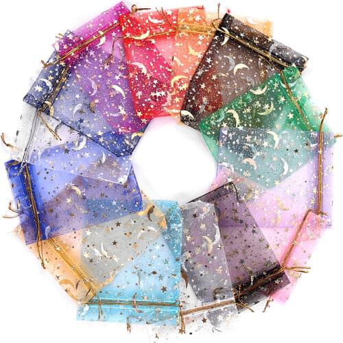 50pcs/lot Moon Star Organza Bags 7x9 9x12 11x16cm Small Drawstring Pouch Gift Bag Party Wedding Favor Candy Gifts Packaging Bags