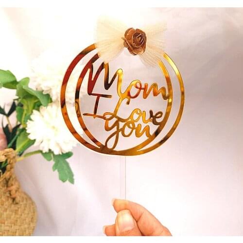 I Love You Mom Dad Acrylic Cake Topper Gold Cartoon Happy Birthday Cake Topper For Father Mother Birthday Party Cake Decorations