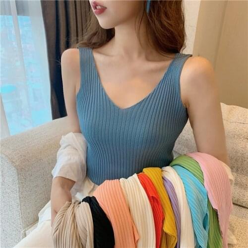 AOSSVIAO 2021 Solid V Neck Ribbed Knitted Tank Top Camisole Women Summer Basic Elastic Tank Top O Neck Solid Tank Top Plus Size