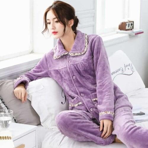Flannel Warm Women Pajamas Sets Long Sleeve Sleepwear Pajamas Set for Girl Pyjamas Thick Coral Velvet Nightgown
