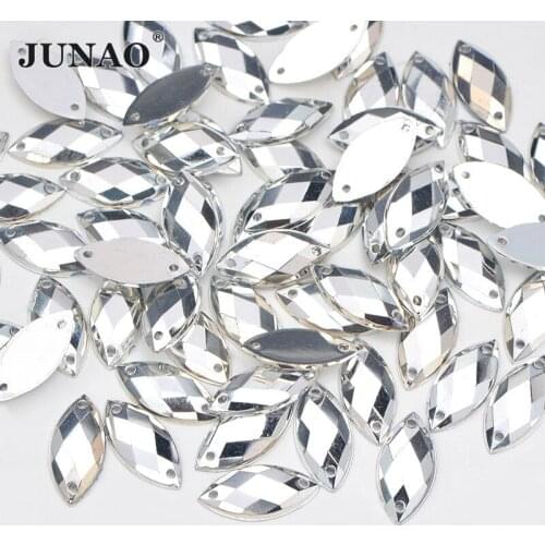JUNAO 100pcs 7*15mm Silver Sew on Rhinestone Applique Flat Back Horse Eye Sewing Strass Crystal for Needlework Accessories