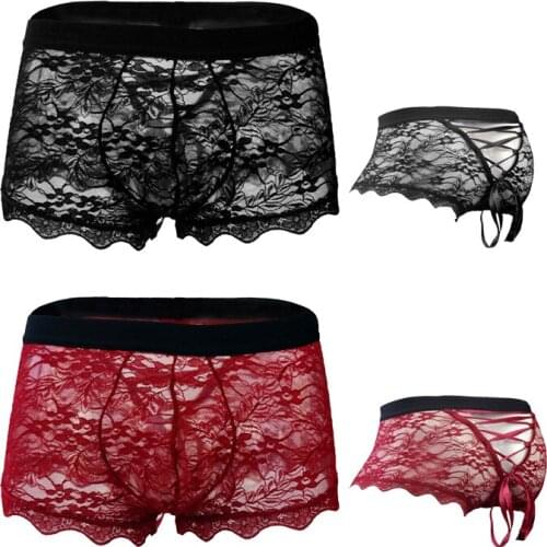 Mens sexy underwear temptation transparent lace back lace mesh low waist small boxer briefs role swap alternative performance