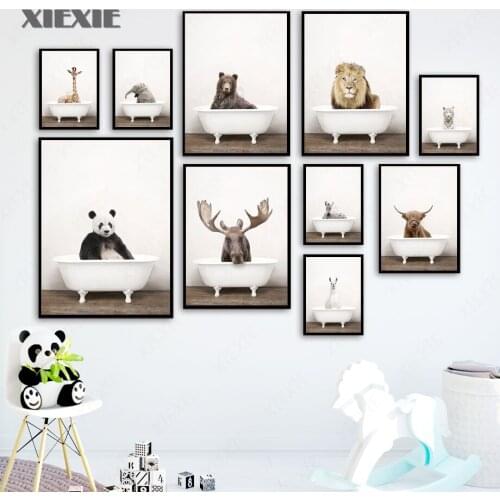 Llama Elephant Giraffe Bear Panda Lion Bathtub Wall Art Print Canvas Painting Nordic Poster Wall Pictures Kids Room Toilet Decor