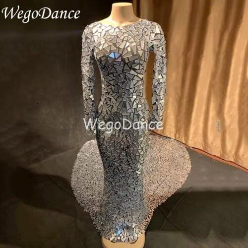 New Black Mesh Perspective Sparkly Mirrors Long Tail Dresses Evening Party Wear Dresses Birthday Celebrate Costume