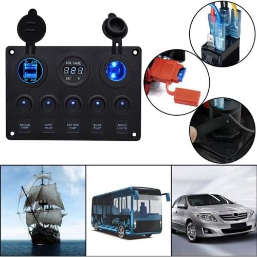 New 5 Gang Switch Control Panel With 2 USB & Voltmeter HIgh Quality Durable Accurate LED Rocker 12V/24V Car Boat Marine#294844