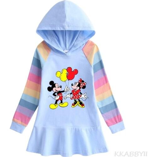 New Minnie Mouse Girls Dress Cartoon Rainbow Skirt Childrens Long Sleeve Hoodie Dresses