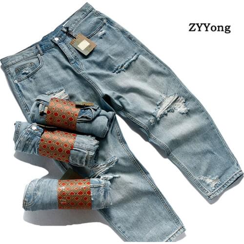 Summer New Fashion Ripped Men Jeans Ankle Length Loose Plus Size Hip Hop Hole Light Blue Homme Denim Pants Streetwear Trousers