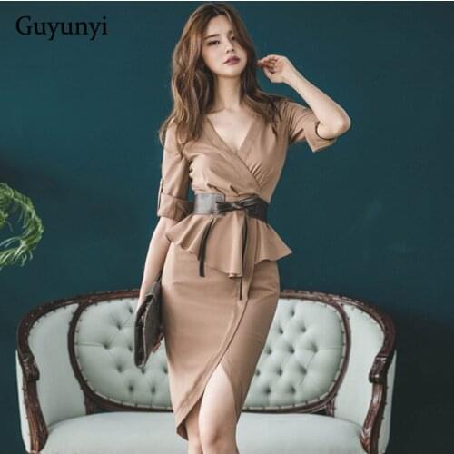 High Waist Tight Office Dress 2021 Autumn Plain V-Neck 3/4 Sleeves Adjustable Decorative Ruffles Send Belt Elegant Party Dress