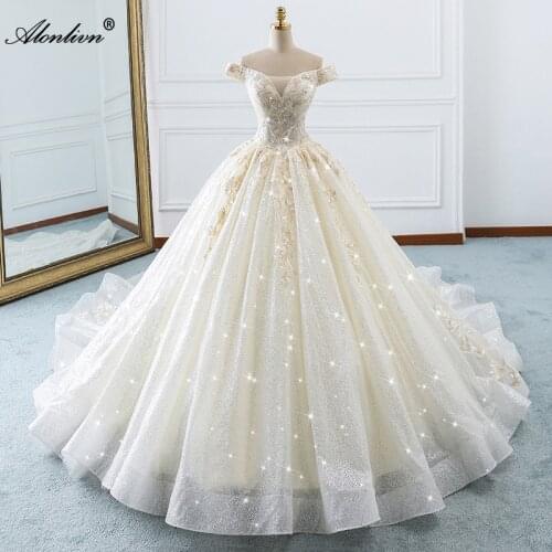 Alonlivn Real Photo Charming Bling Voile Beaded Pearls Ball Gown Wedding Dresses